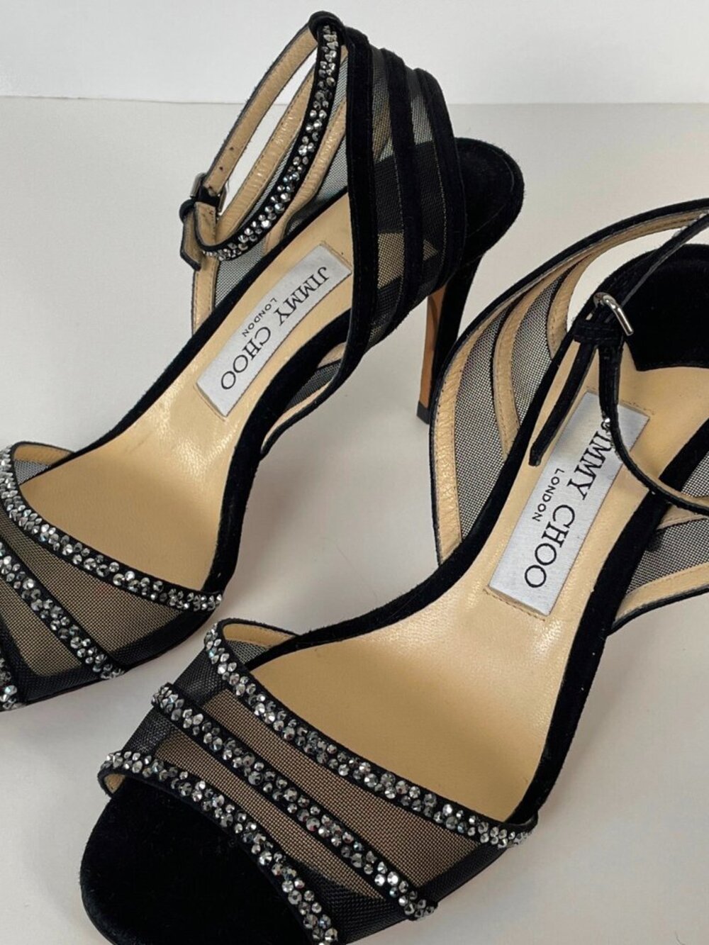 JIMMY CHOO STRAPPY CRYSTAL HEELS Stiletto Stilettos Blk Rhinestone